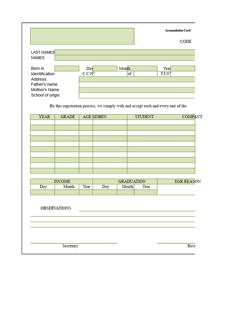 Student Enrollment Card Template | PDF