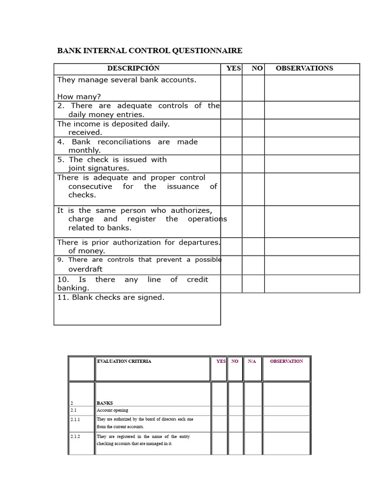 Internal Control Questionnaire Banks | PDF | Cheque | Banks