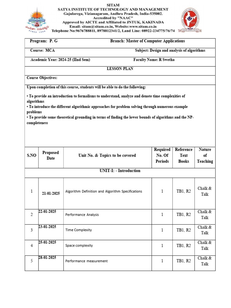DAA Course Plan for MCA 2024-25 | PDF | Computational Complexity Theory ...