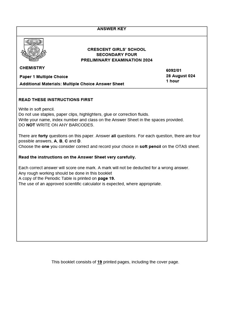 Chemistry MCQ Answer Key 2024 | PDF | Acid | Oxide