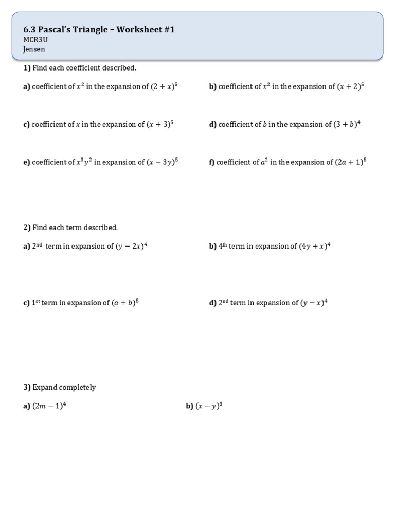 Pascals Triangle Worksheet 1 | PDF