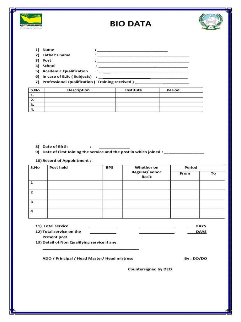 Comprehensive Bio Data Template | PDF