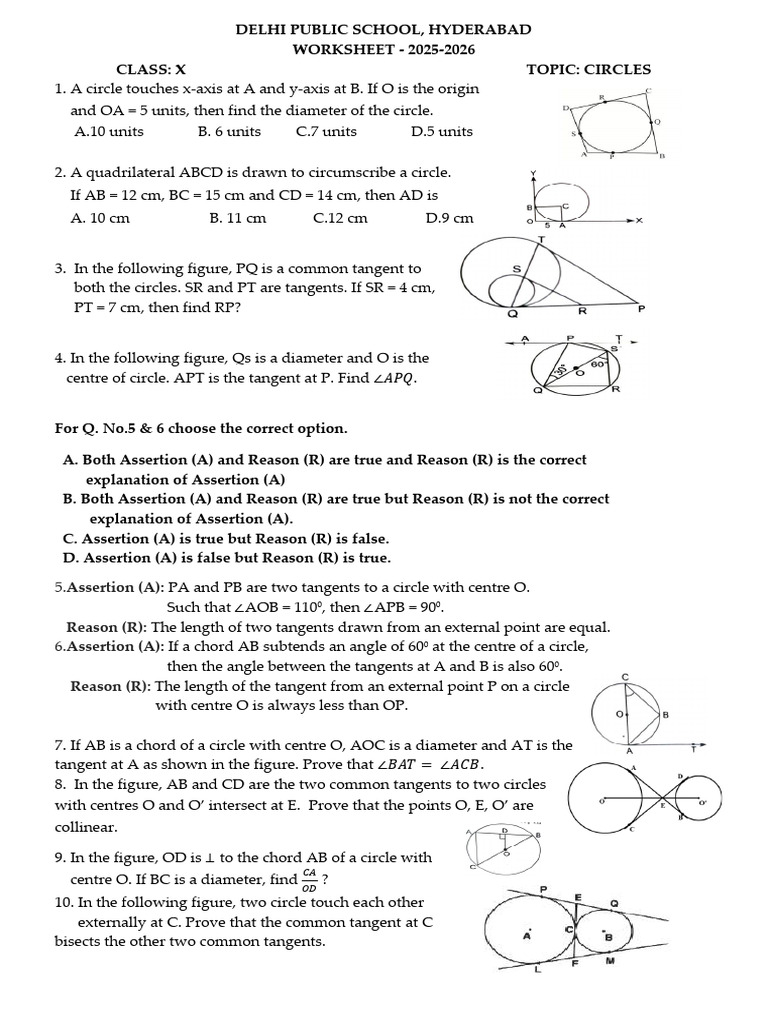 Class X Circles Worksheet 2025-2026 | PDF | Circle | Angle