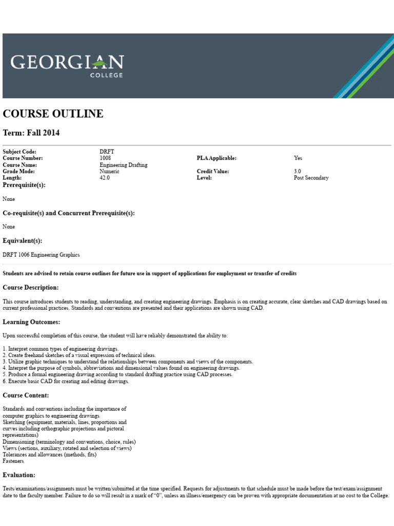 DRFT1008 Engineering Drafting - Course Outline - Georgian College | PDF ...