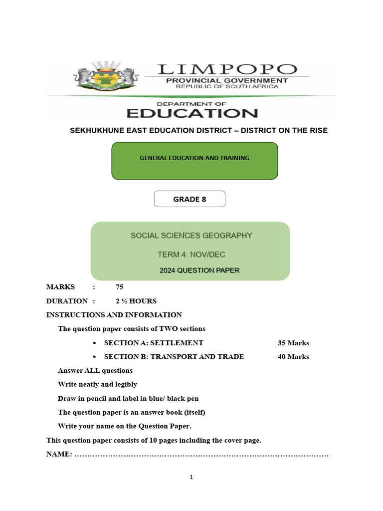 Grade 8 Geography Term 4 Exam Paper | PDF | Transport