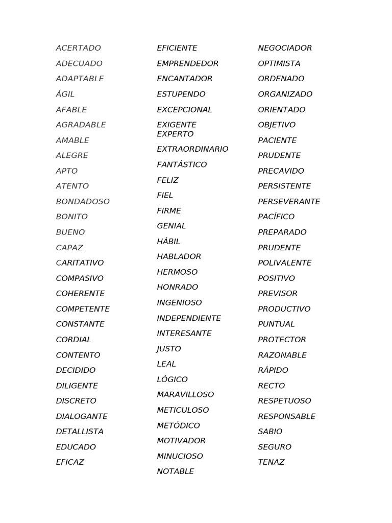Lista de Adjetivos Positivos y Negativos | PDF