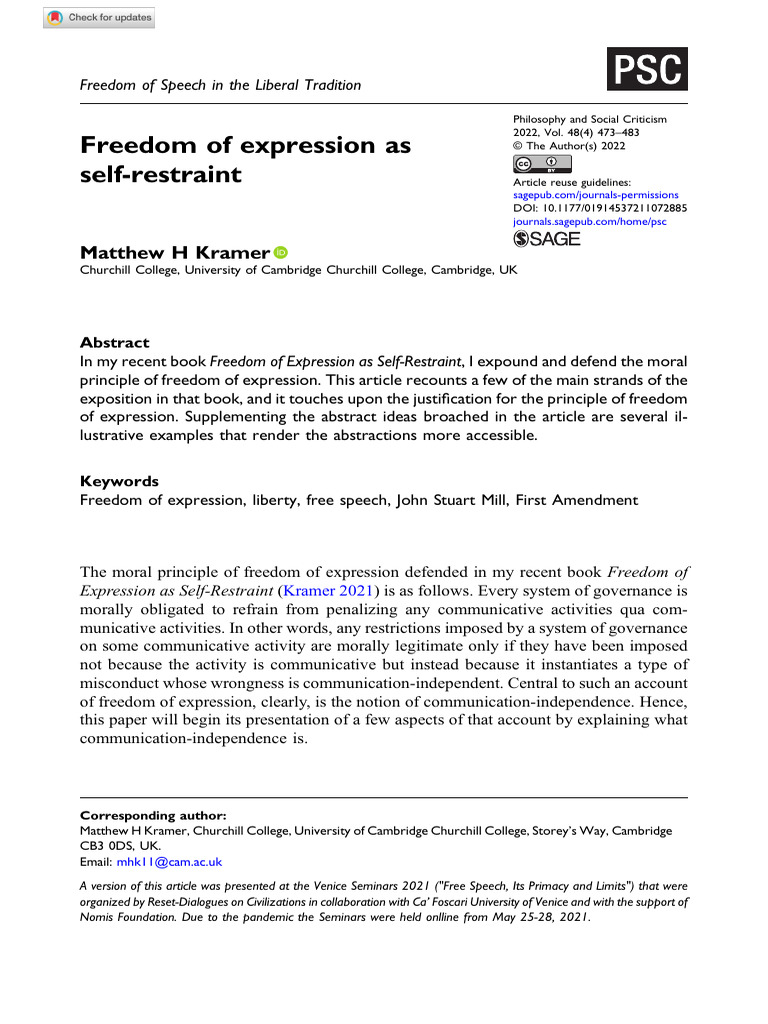 Kramer 2022 Freedom of Expression as Self Restraint | PDF | Freedom Of ...