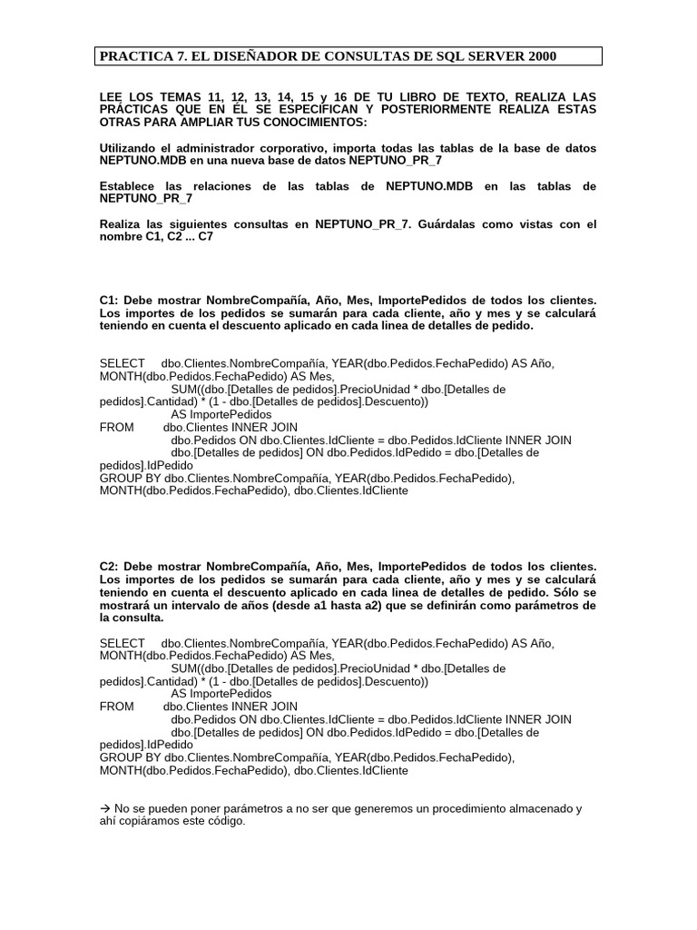 Consultas SQL Server 2000: Práctica 7 | PDF | Datos de computadora ...