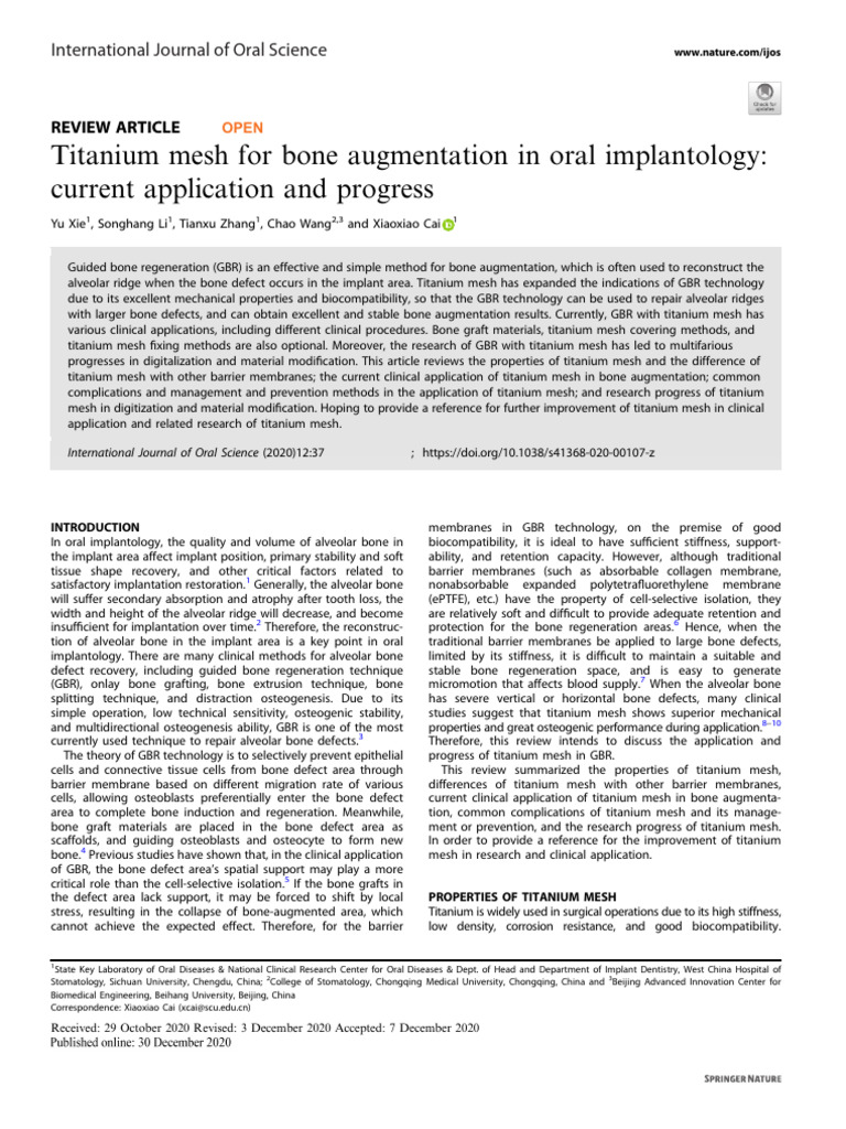 Titanium Mesh in Bone Augmentation | PDF | Dental Implant