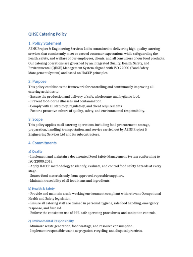 QHSE Catering Policy Overview | PDF | Food Safety | Occupational Safety ...