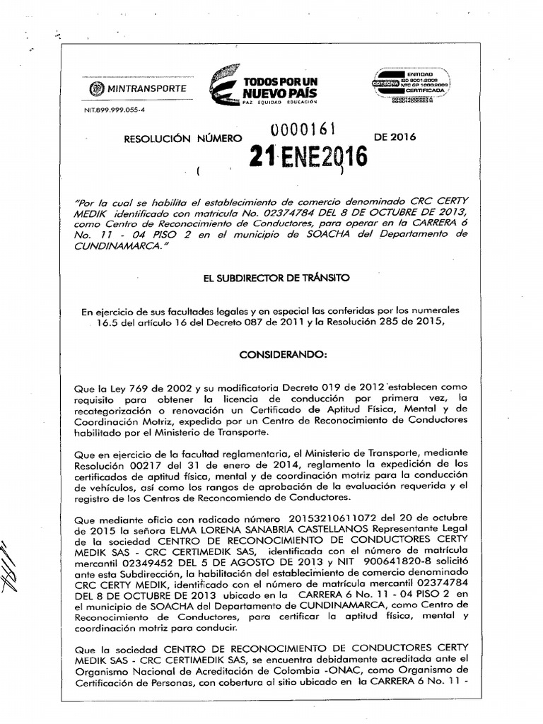 Habilitación de CRC Certy Medik en Soacha | PDF | Licencia de conducir ...