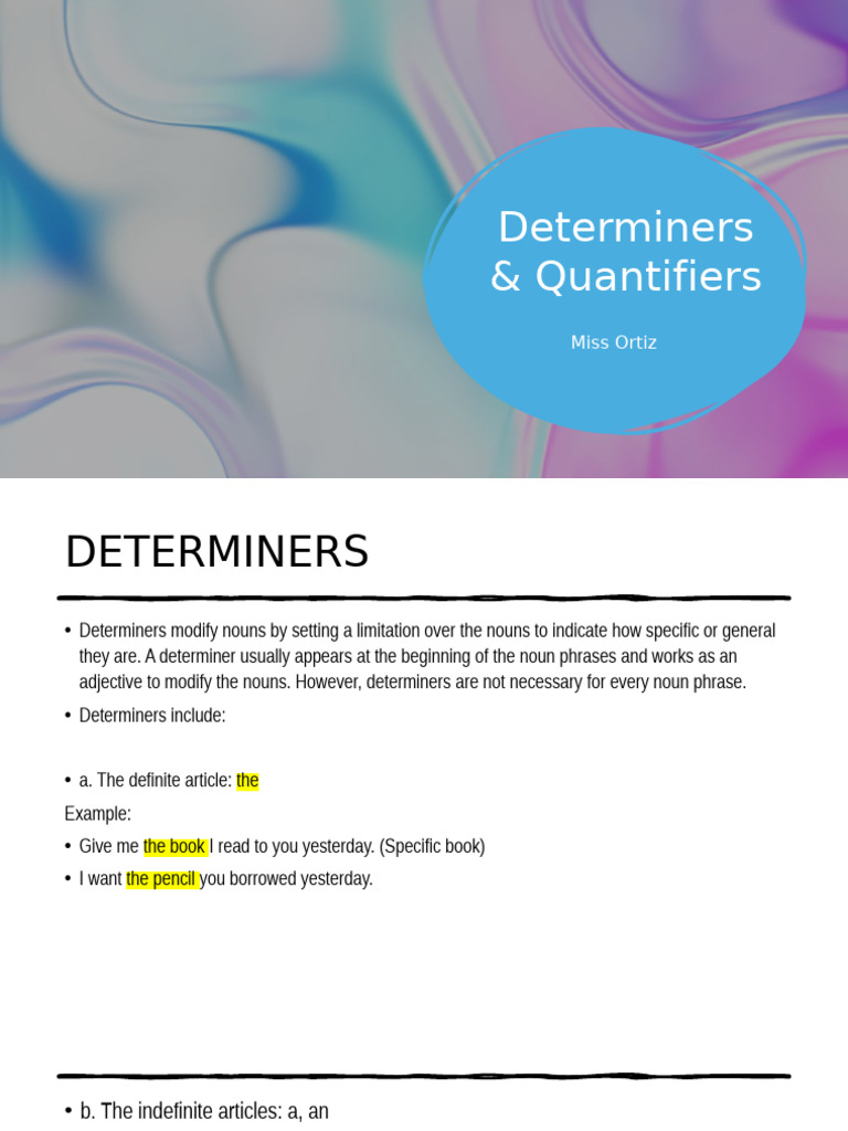 Understanding Determiners and Quantifiers | PDF | Noun | Plural
