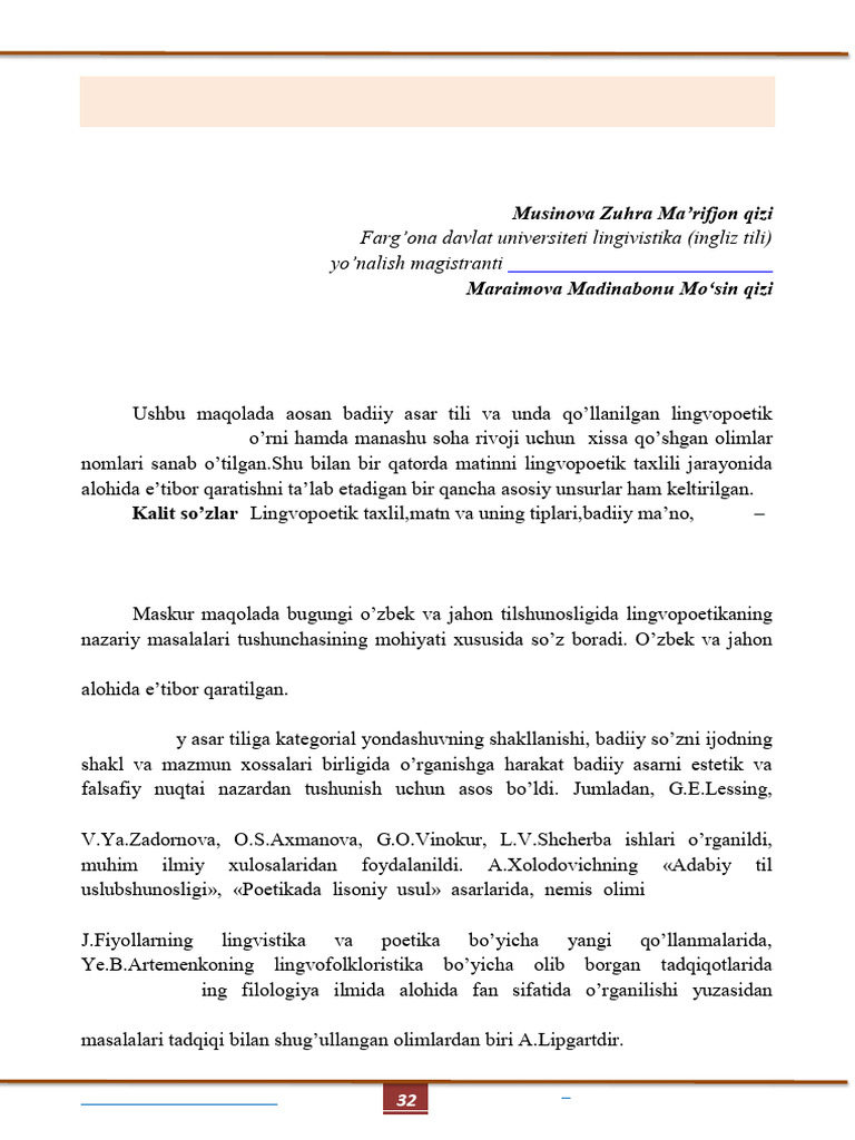 Lingvopoetika Va Uning Badiiy Matnlar Taxlilidagi Asosiy Vazifasi | PDF