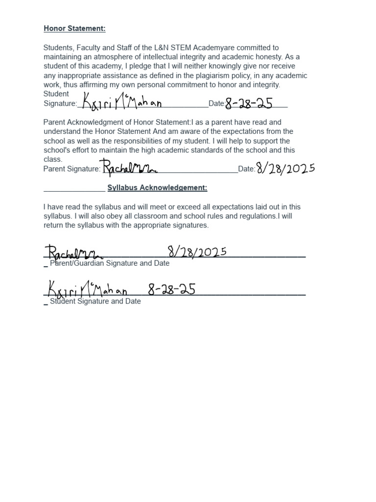 L&N STEM Academy Honor Statement | PDF