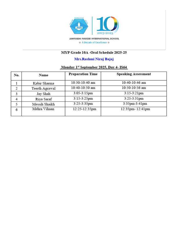 MYP Grade 10A Oral Schedule 2025 | PDF