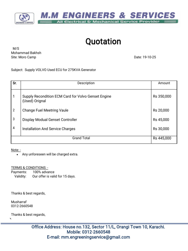 Quotation for Volvo ECU Supply & Service | PDF