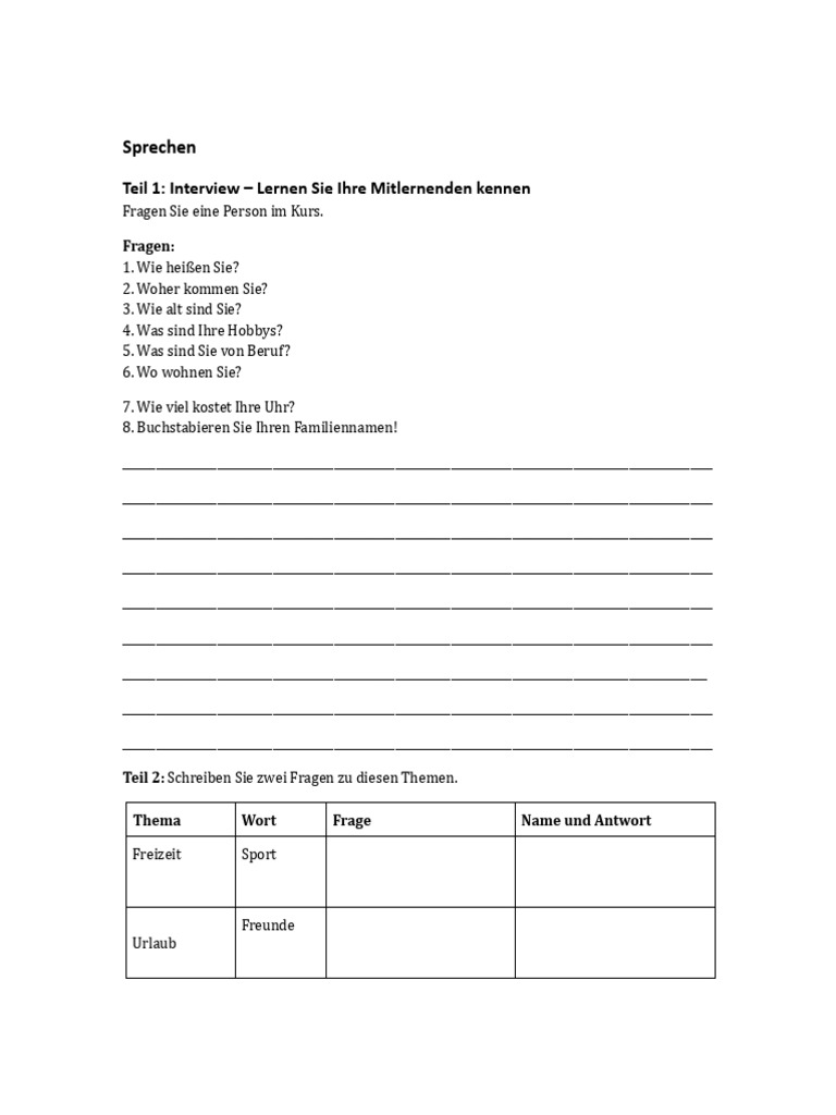 Sprechen Interview Und Test Neu A1 | PDF
