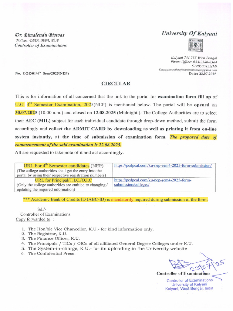 U.G. 4th Semester NEP Exam Form Fill Up Circular2025 | PDF