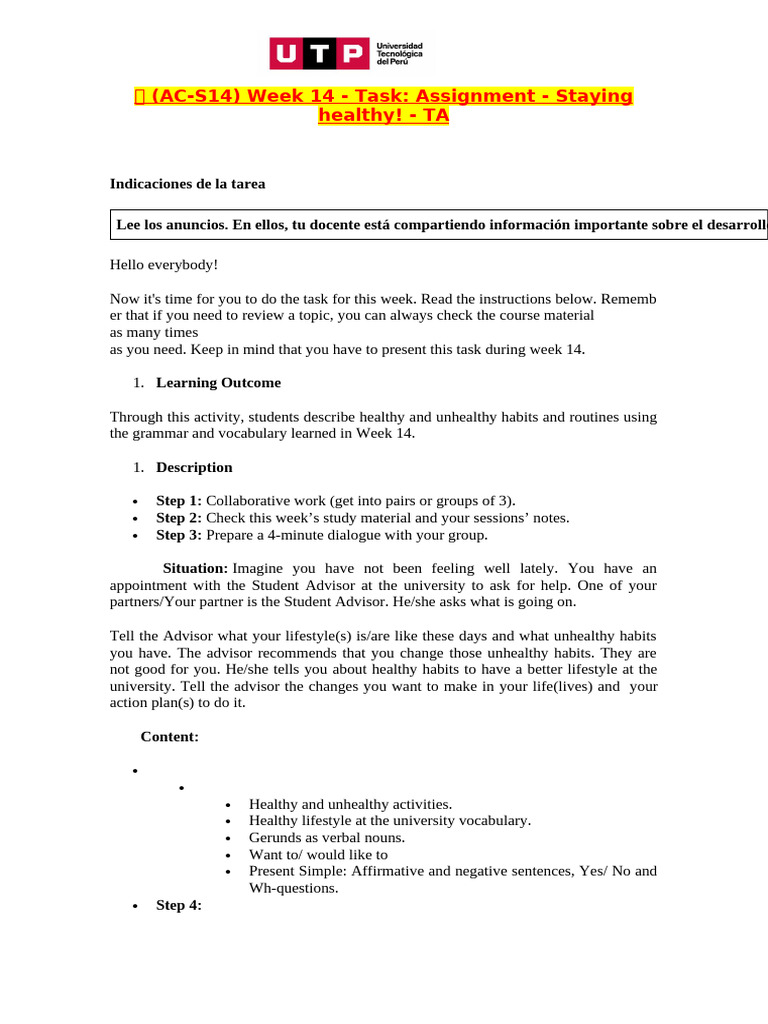 ? (AC-S14) Week 14 - Task Assignment - Staying Healthy! - TA - INGLES 4 ...