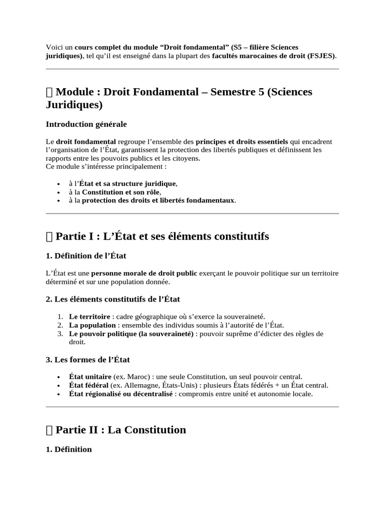 Droit Fondamental : Cours S5 Sciences Juridiques | PDF | Constitution