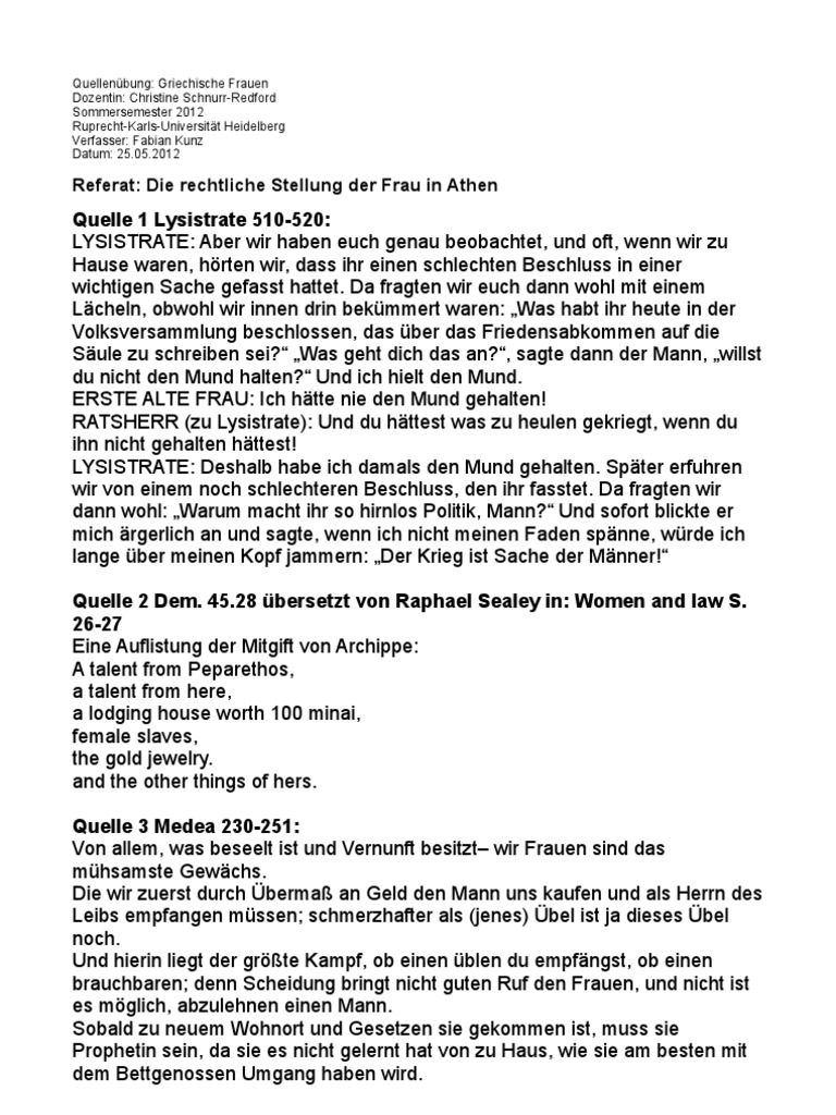 Handout Referat Rechtliche Stellung Der Frau In Athen