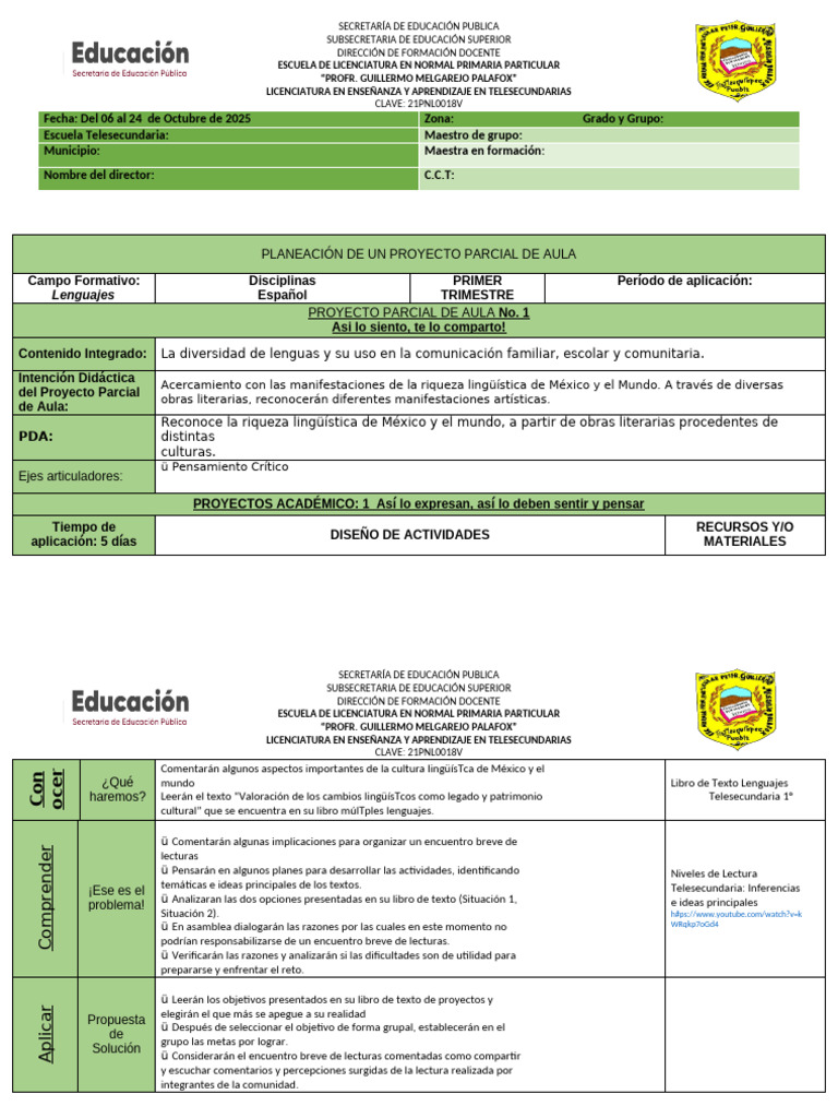 Planeación de Proyecto de Aula en Telesecundarias | PDF | Enseñando ...