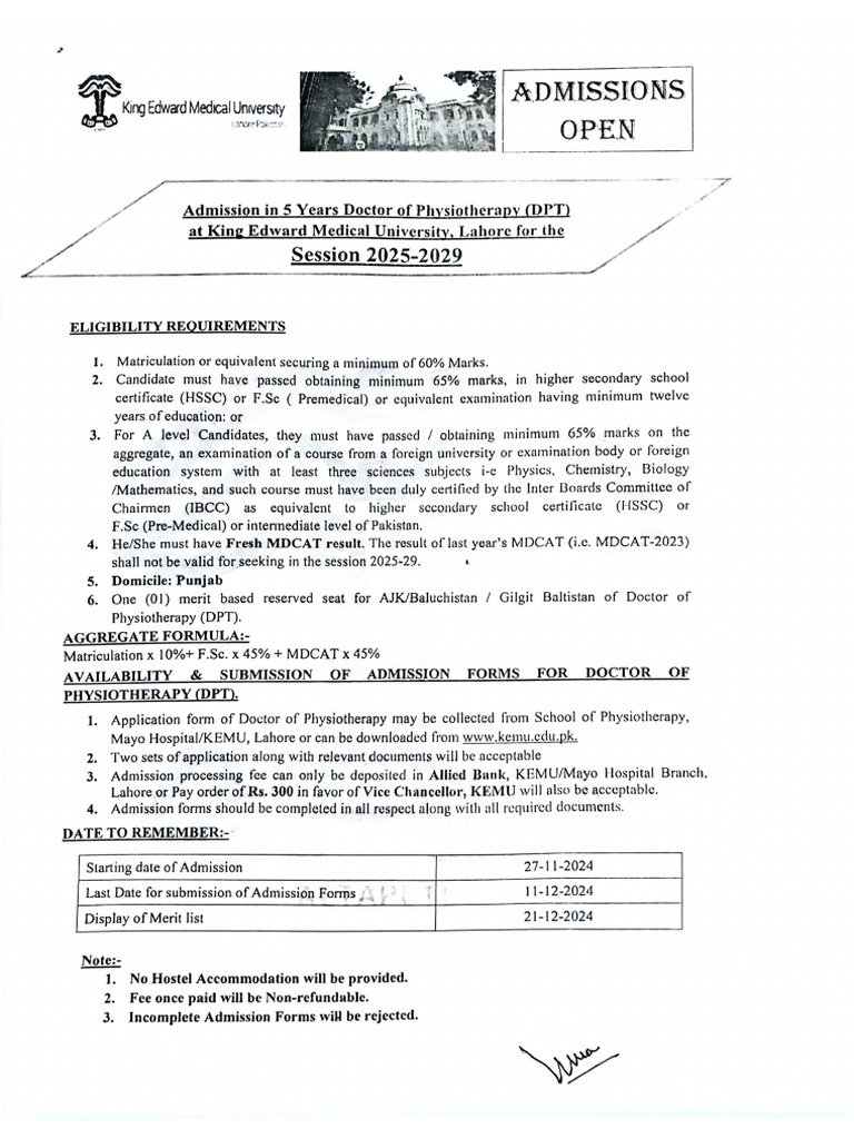 Admission Notice For Doctor of Physiotherapy (DPT) Program (Session ...