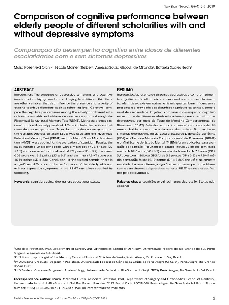 Cognitive Performance in Elderly with Depression | PDF | Dementia | Memory