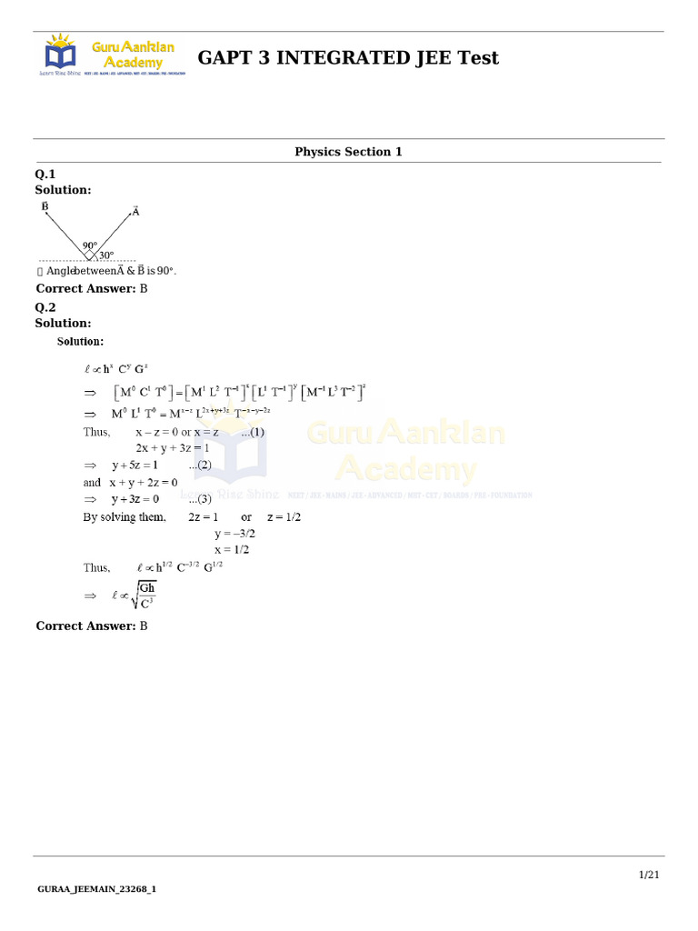 Gapt 3 Integrated Jee Test: Physics Section 1 Q.1 Solution | PDF | Mole ...