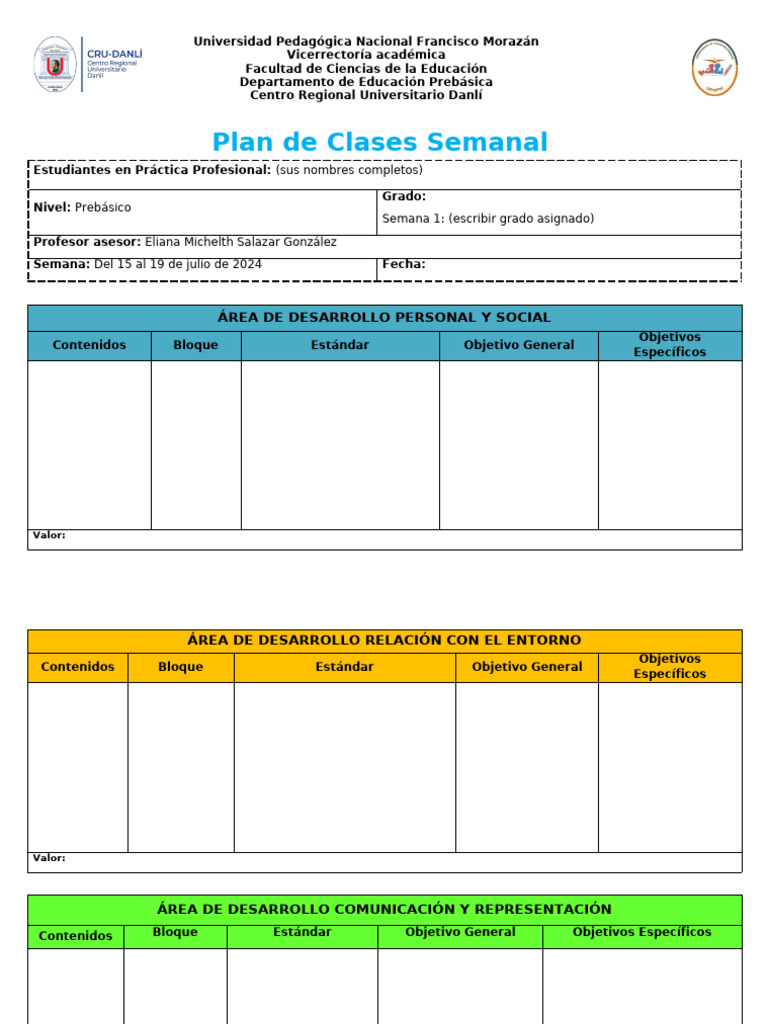 Plan de Clases Prebásico Semanal 2024 | PDF | Aprendizaje ...
