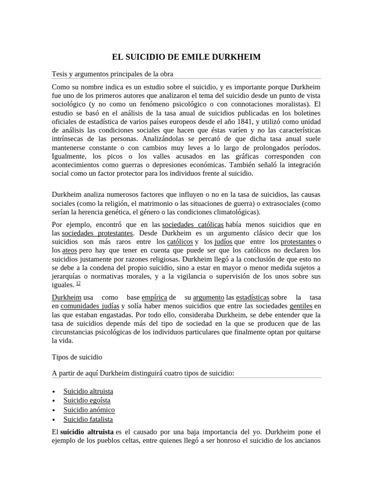 Análisis sociológico del suicidio en Durkheim | PDF