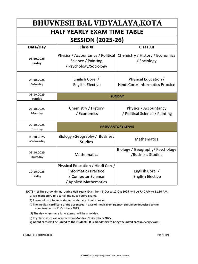 Half Yearly Exam Schedule 2025-26 | PDF