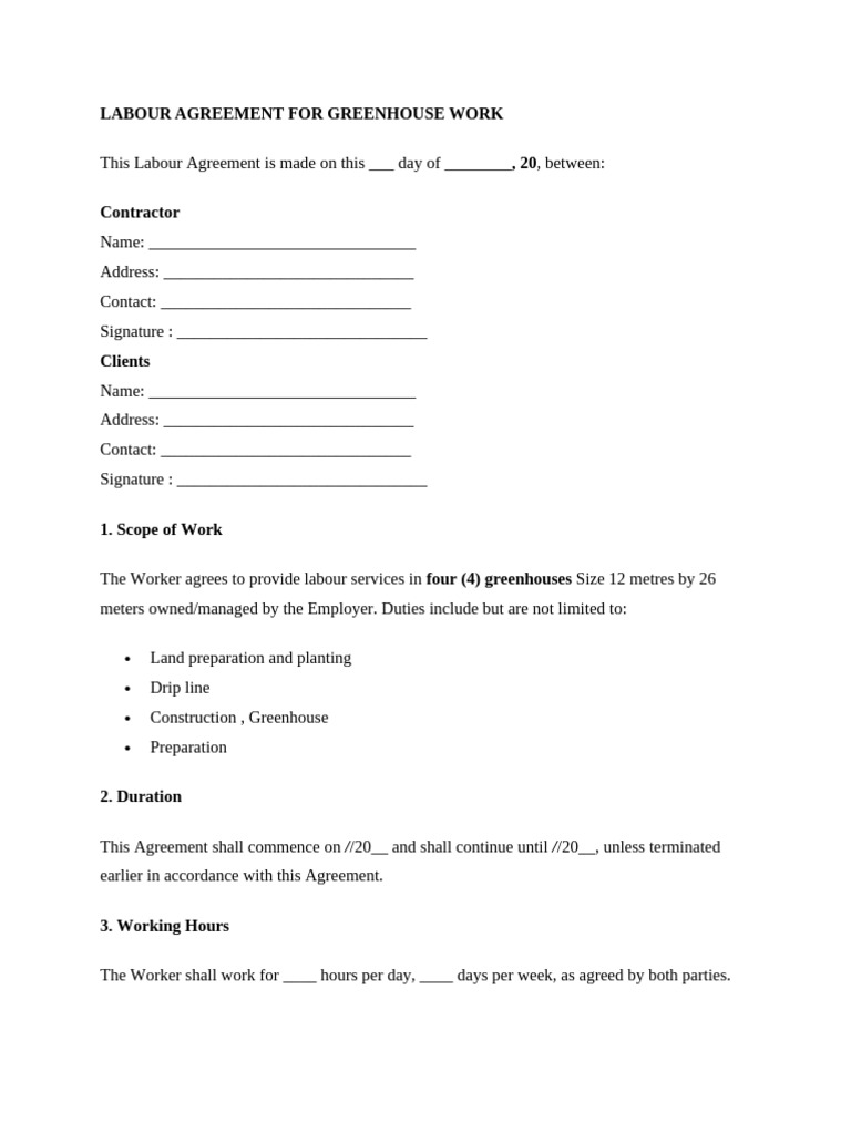 Labour Agreement For Greenhouse Work | PDF