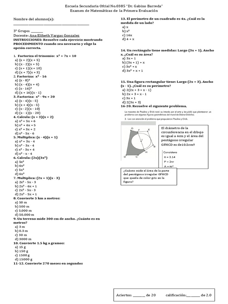 Examen de Matemáticas 3° Secundaria | PDF | Geometría Elemental