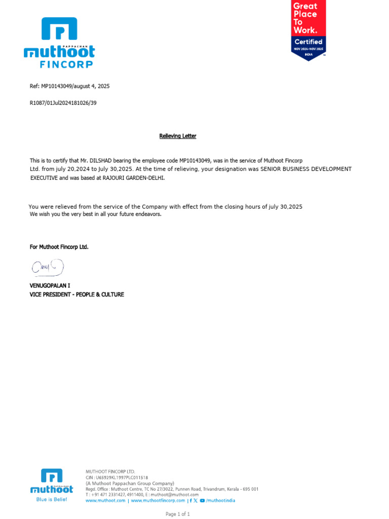 Muthoot Fincorp Relieving Letter for Dilshad | PDF