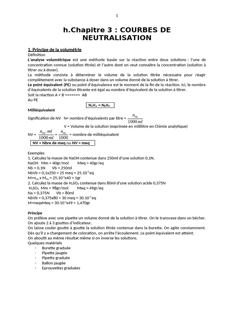 Courbes de neutralisation en chimie | PDF | Titrage | Chimie
