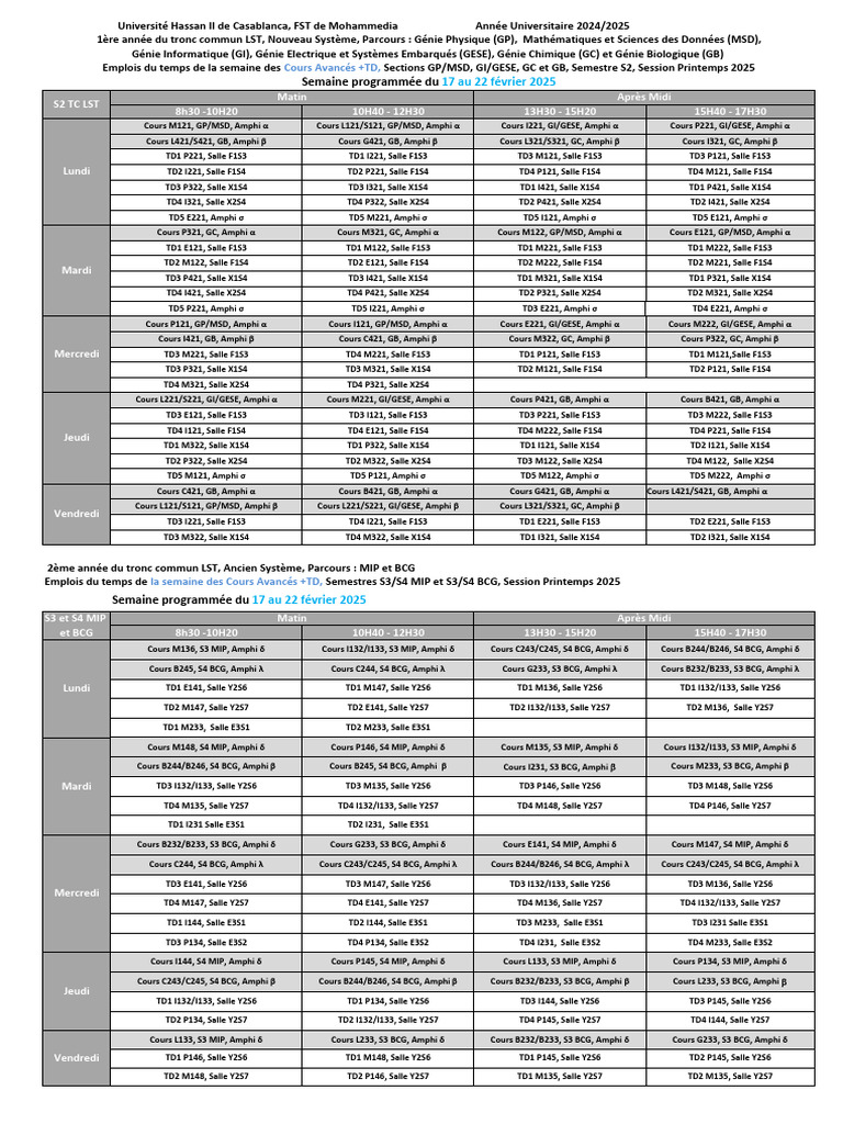 Emploi du temps Cours et TD 2025 | PDF | Sciences physiques