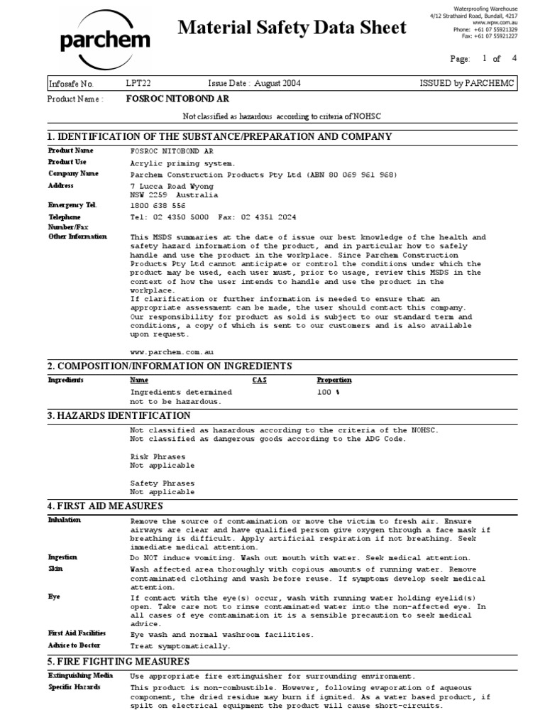 Fosroc Nitobond AR_MSDS Safety Chemistry