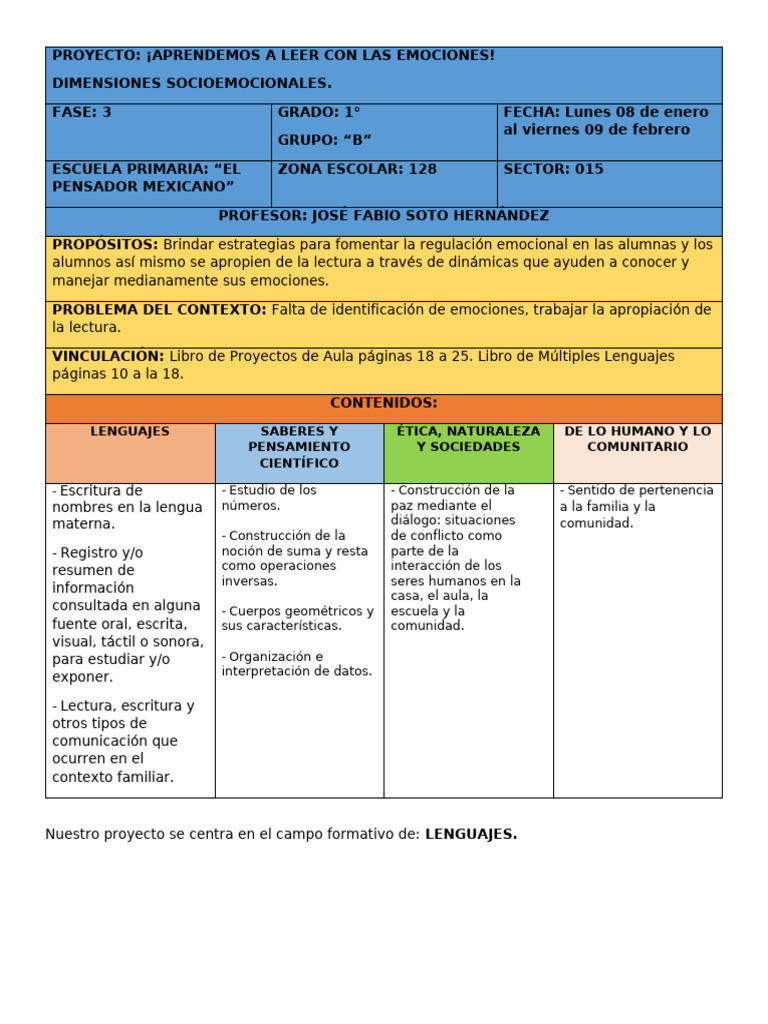 Proyecto Alfabetización Primer Grado | PDF | Las emociones | Salón de ...