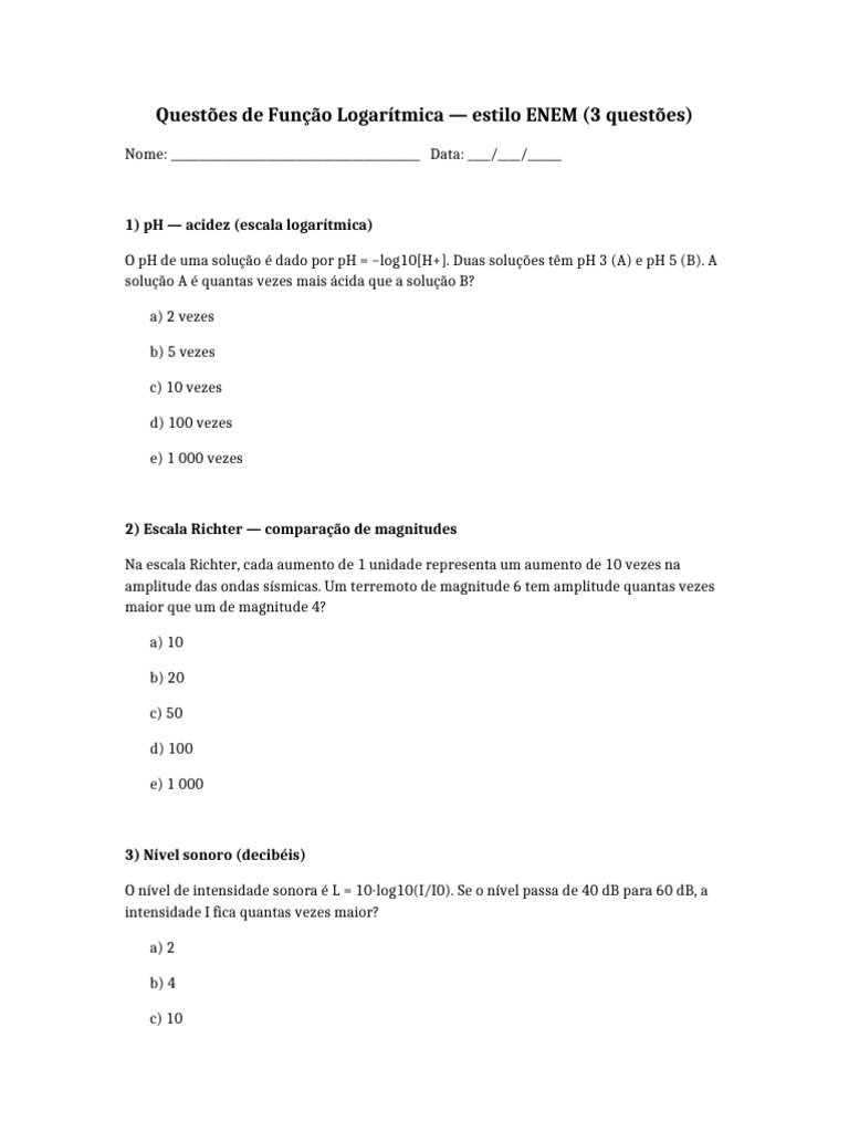 Questões de Função Logarítmica ENEM | PDF