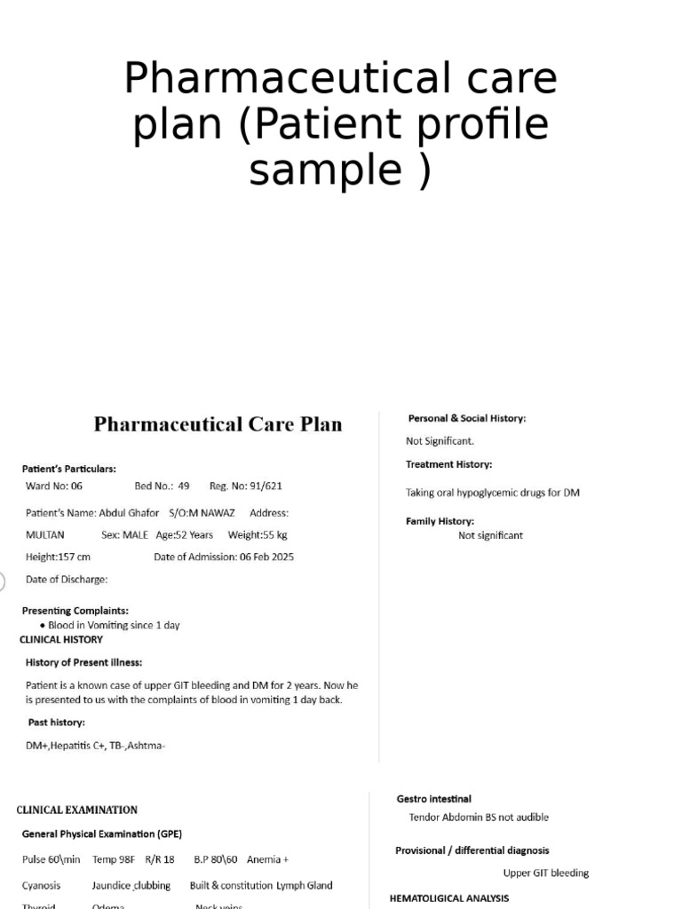 Pharmaceutical Care Plan (Patient Profile Sample) | PDF