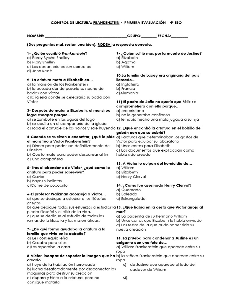 Control de Lectura: Frankenstein 4º ESO | PDF | Frankenstein