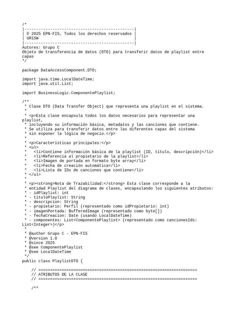 Clase DTO para Playlist en Java | PDF | Constructor (Programación ...