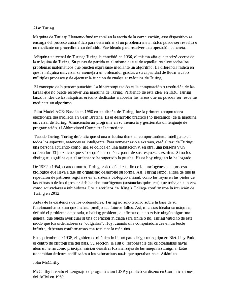 Turing y McCarthy: Pioneros de la IA | PDF | Alan Turing | Algoritmos