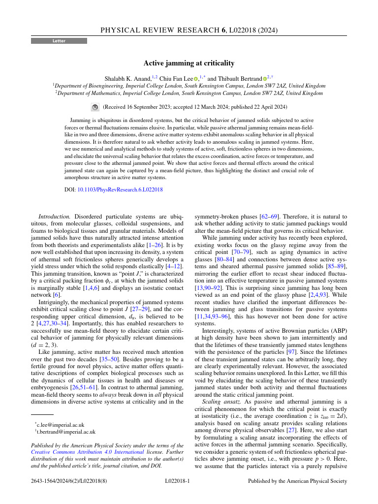Active Jamming Dynamics at Criticality | PDF | Force | Physics