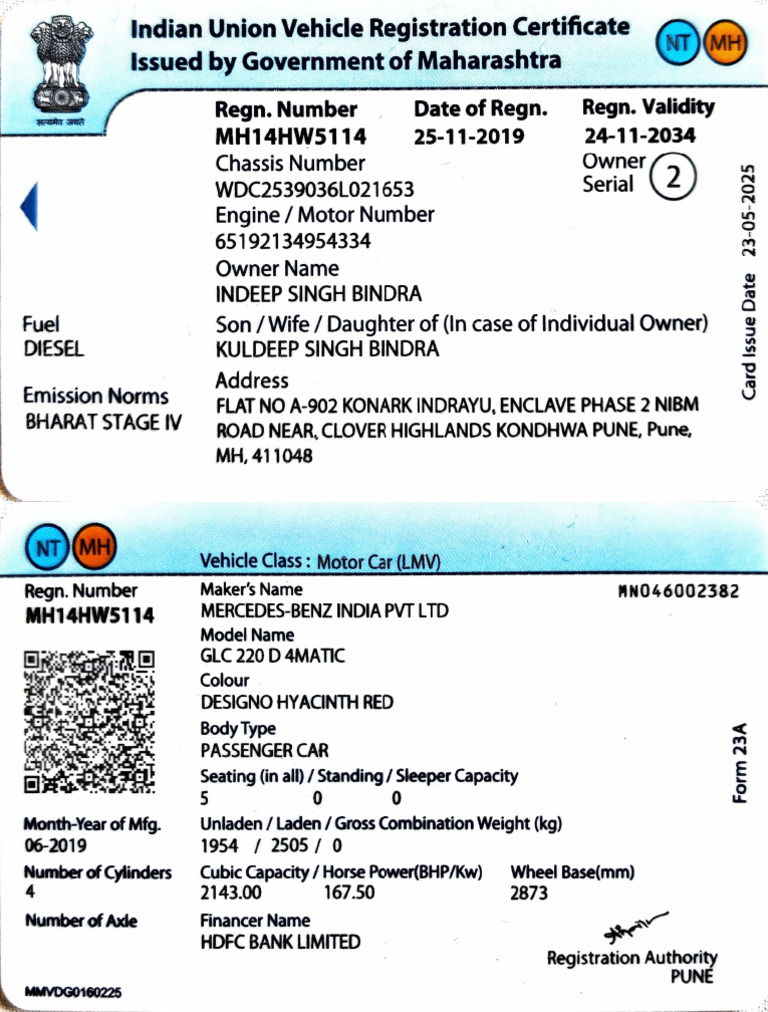 Maharashtra Vehicle Registration Certificate | PDF