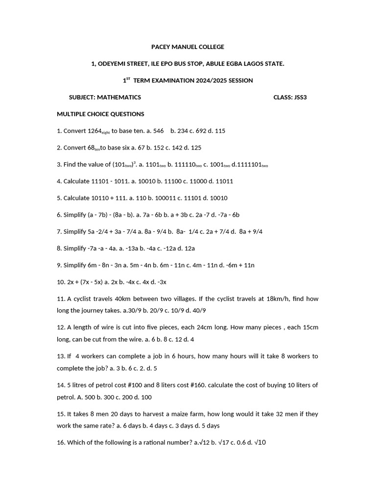 JSS3 Mathematics Exam Questions 2024 | PDF | Mathematics | Elementary ...