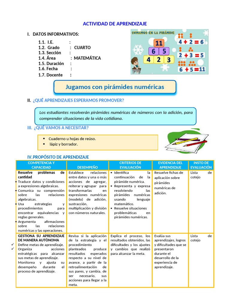 D5 A1 SESIÓN MAT. Jugamos Con Pirámides Numéricas | PDF | Aprendizaje ...