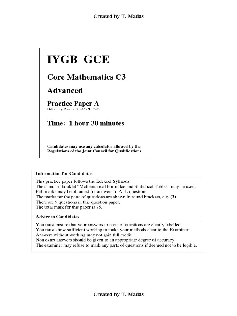 Advanced Mathematics C3 Practice Paper | PDF | Coordinate System ...