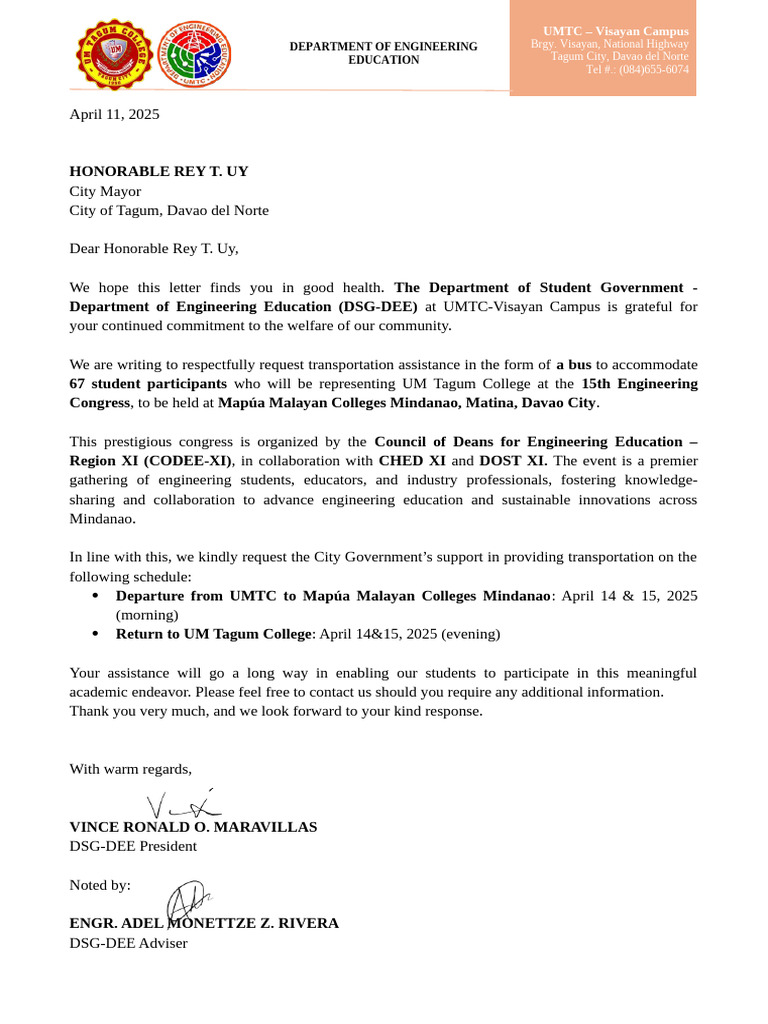 Request for Bus Assistance for Engineering Congress | PDF